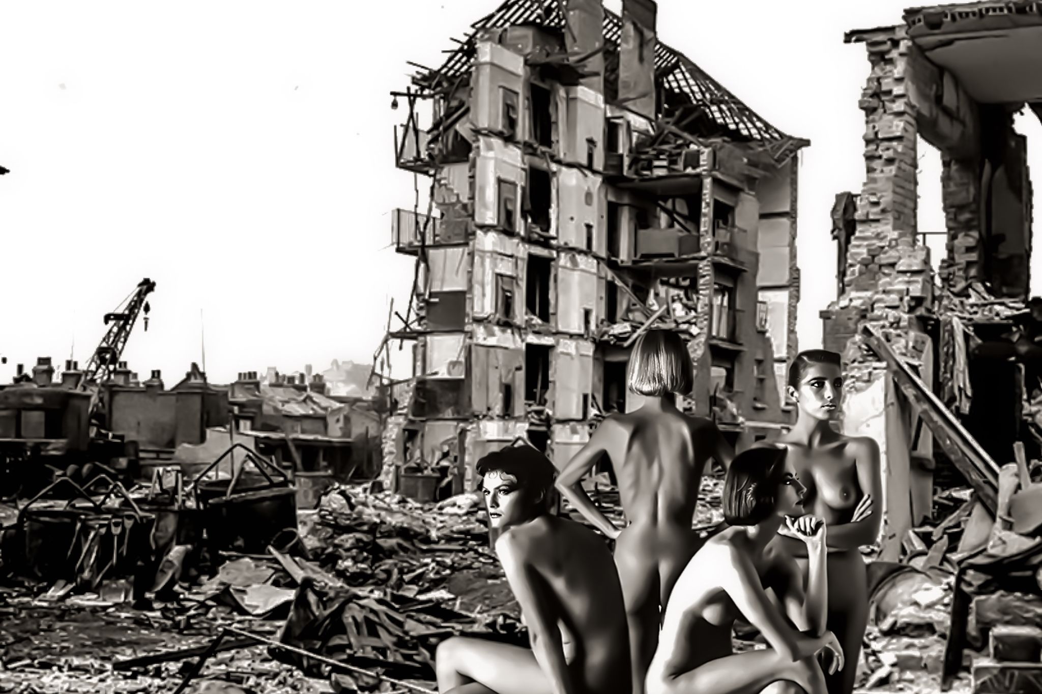Naked group in fron oh trashed house
